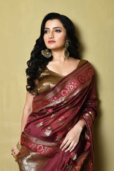 Wine Pure Katan Dupion Silk Banarasi Handloom Saree With Meena Boota And Border
